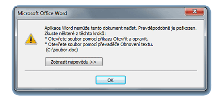 Dokument formátu Microsoft Word hlásí po otevření chybu. Nejde otevřít.